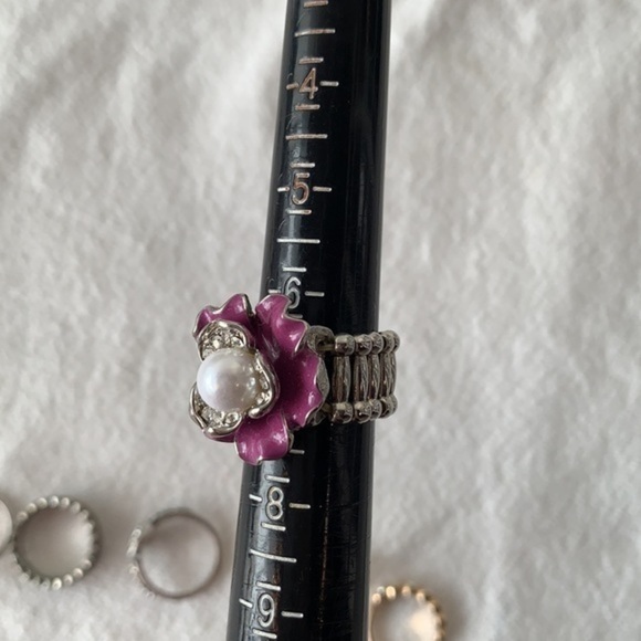 💐5/25 faux Pearl large flower purple enamel large bling statement ring stretch - Picture 6 of 7